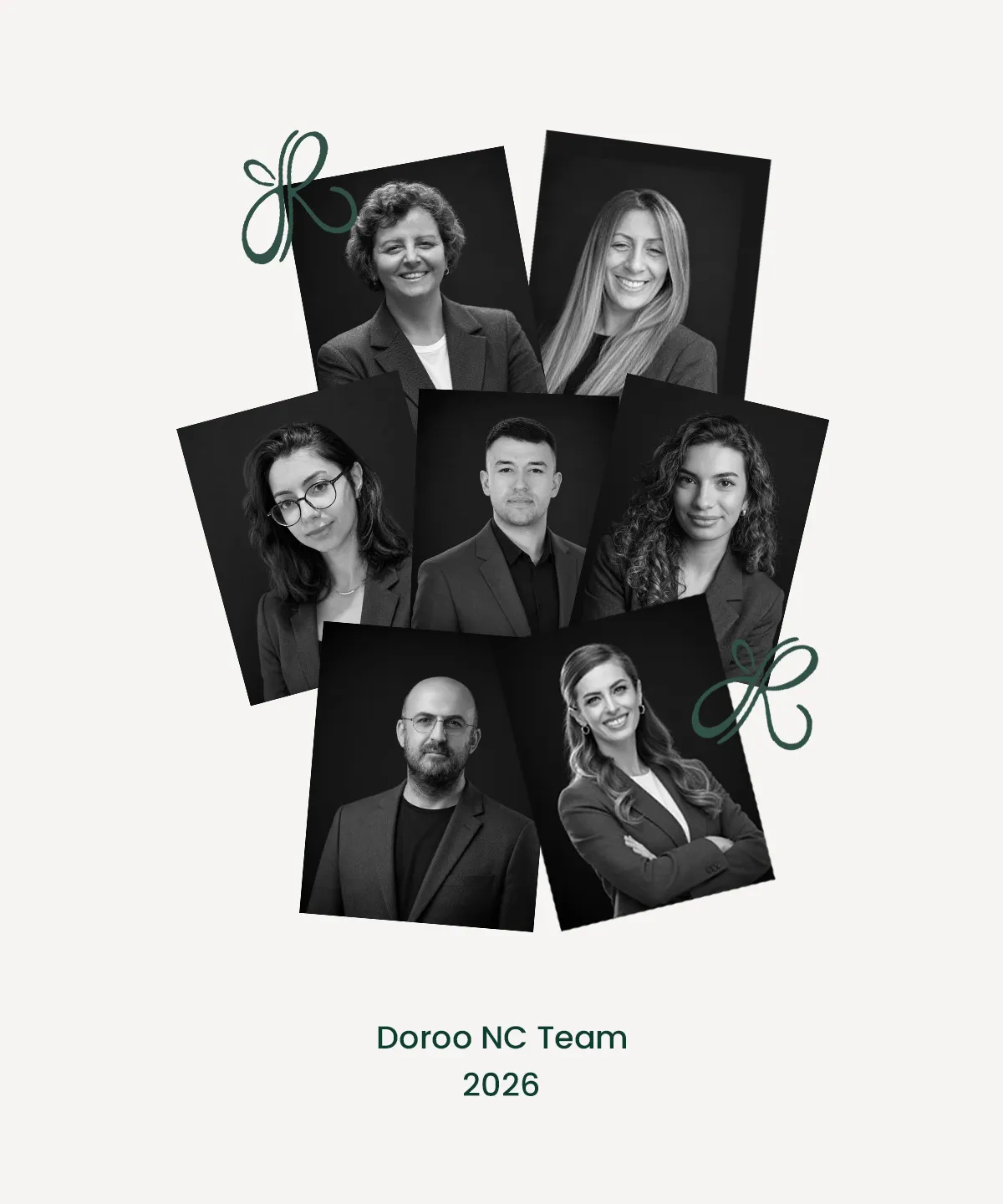Doroo NC ekibinin siyah-beyaz portrelerinden oluşan kolaj — “Doroo NC Team 2026”